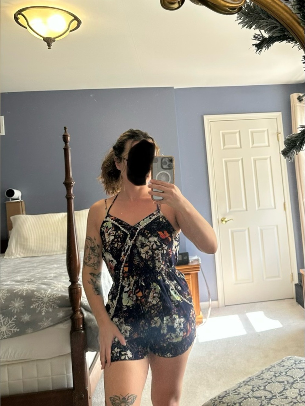 Summer Festival Floral Navy Romper with Adjustable Straps